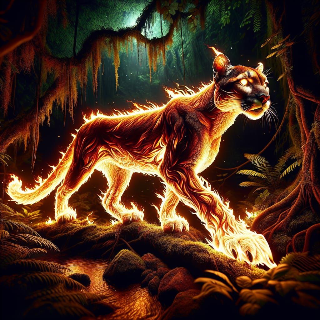 Fire cougar in the rainforest  by @Staircase Flash