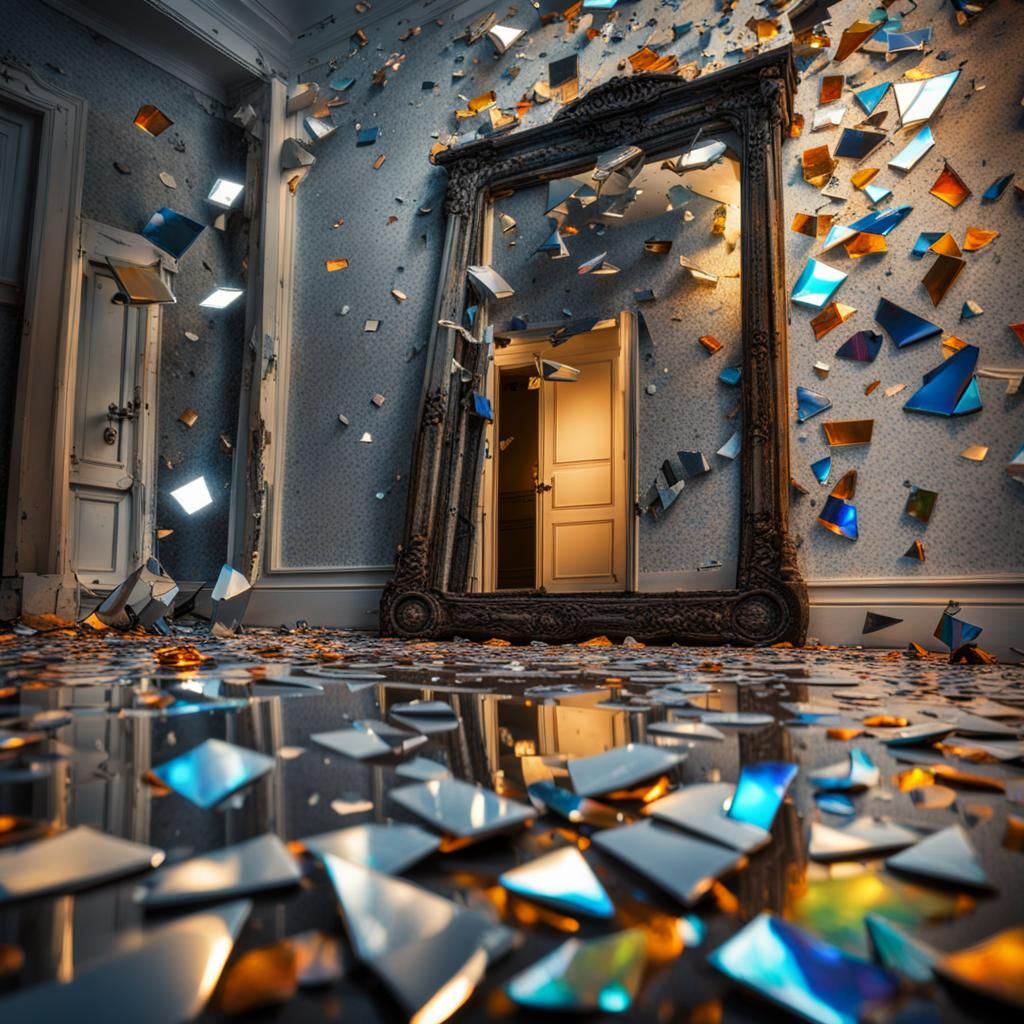 A mirror broken into a thousand pieces fallen on the floor, some shards are reflecting a spectrum of ...  by @Purpledaisy