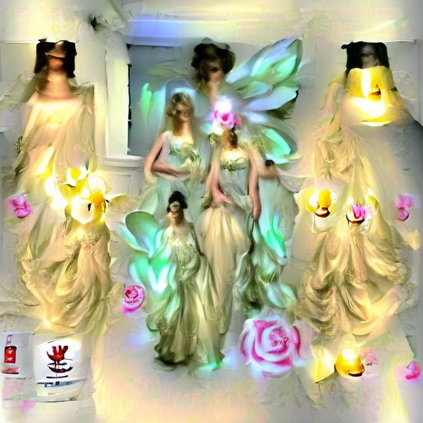 Roses and lillies light projected onto three angels, angels ...
