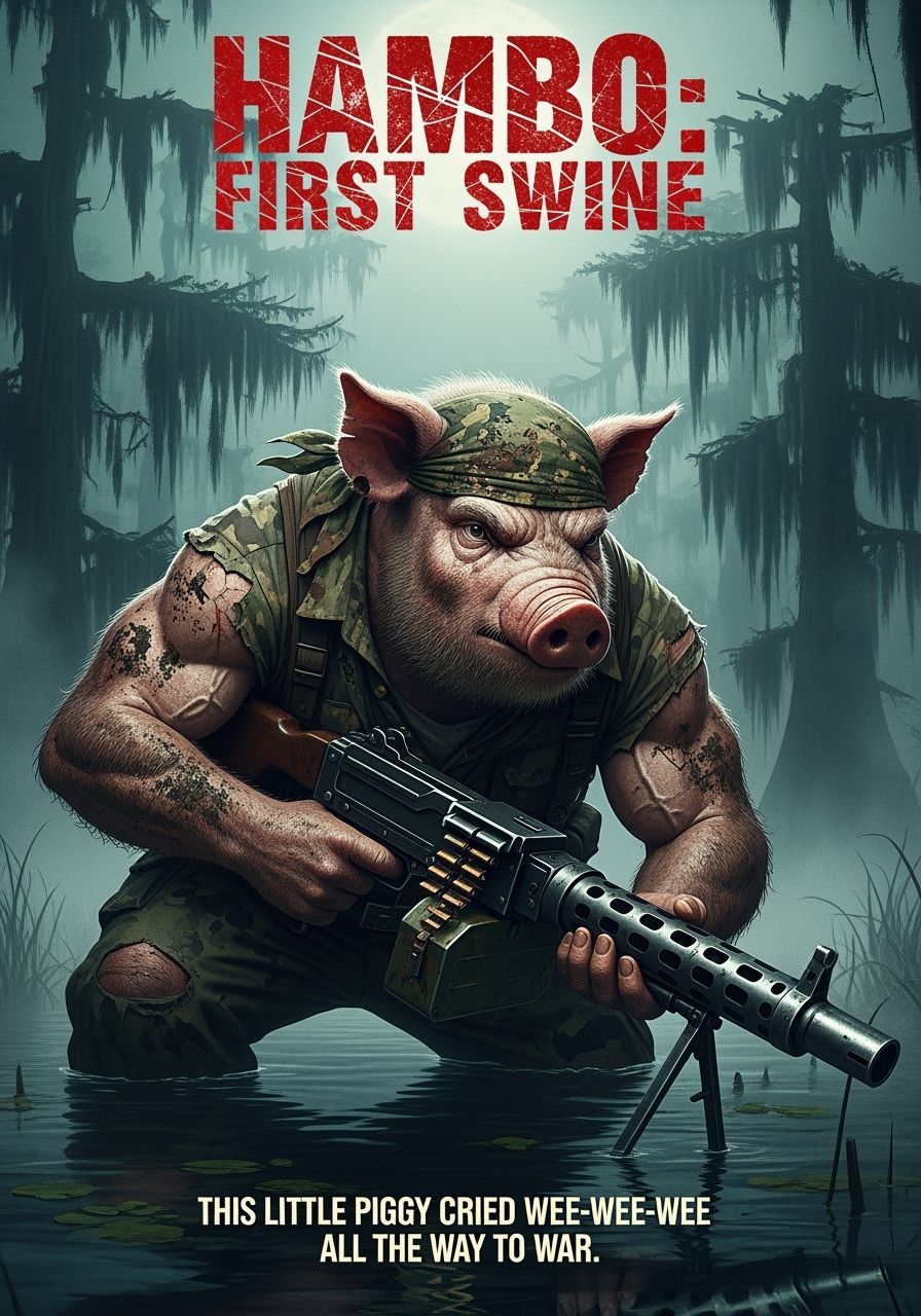 A captivating movie poster featuring an anthropomorphic pig clad in torn camouflage, crouched low in a murky swamp. Mud splatters across his...