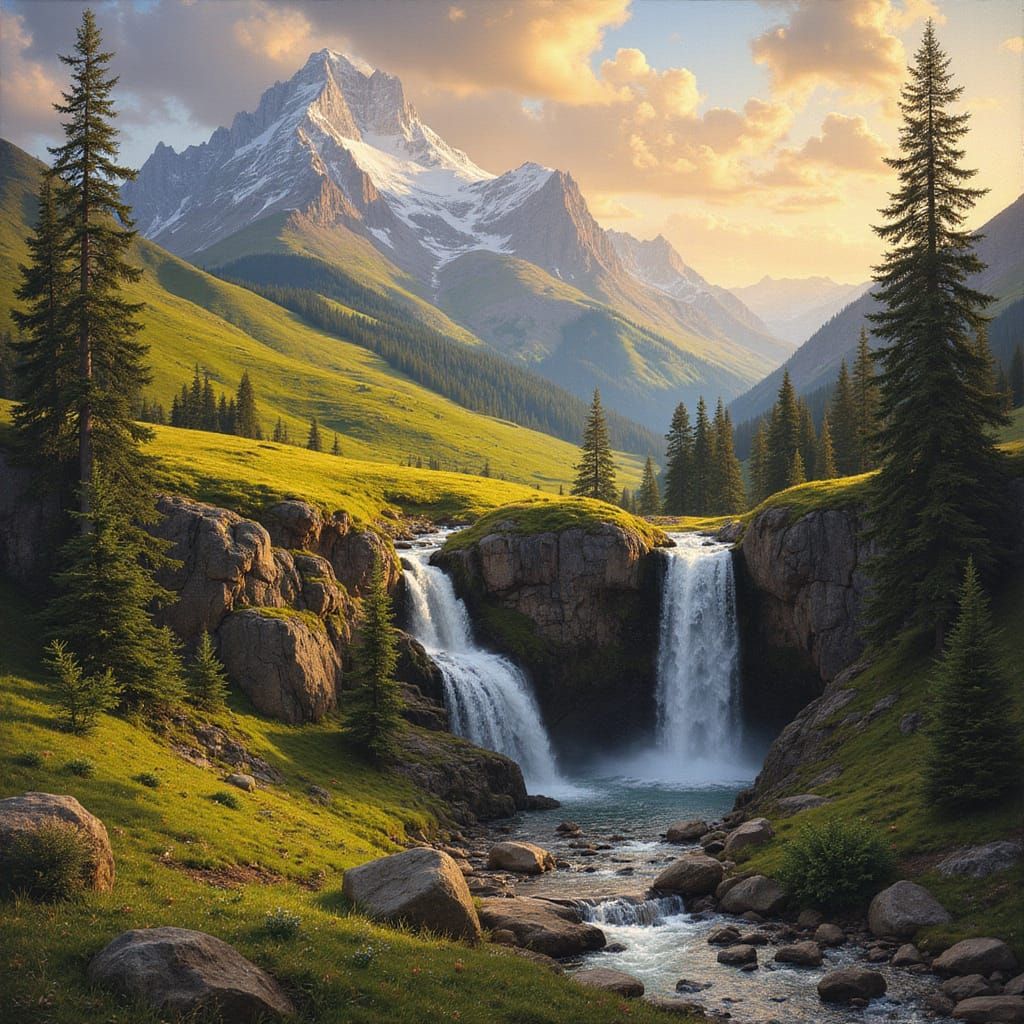 A lush, sweeping landscape of rolling hills and verdant valleys, bathed in the golden light of a setting sun. Waterfalls cascade down rocky ...