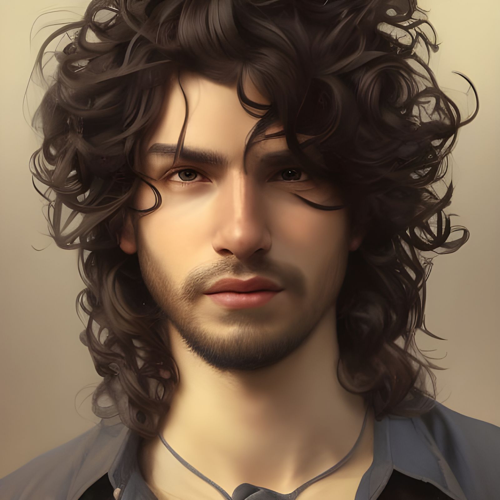 a guy with dark curly long hair without beard with blond eyebrows - AI ...
