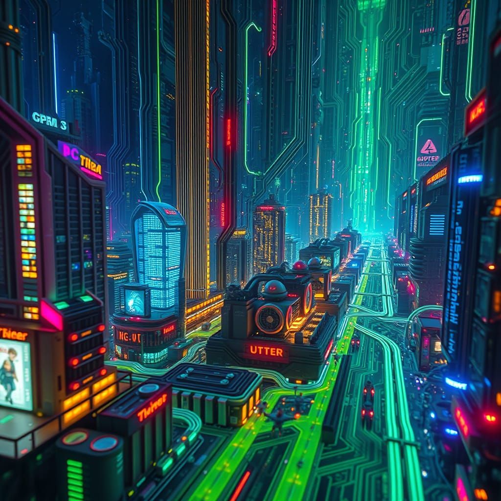 Bioluminescent Motherboard Cityscape in Biomechanical Style