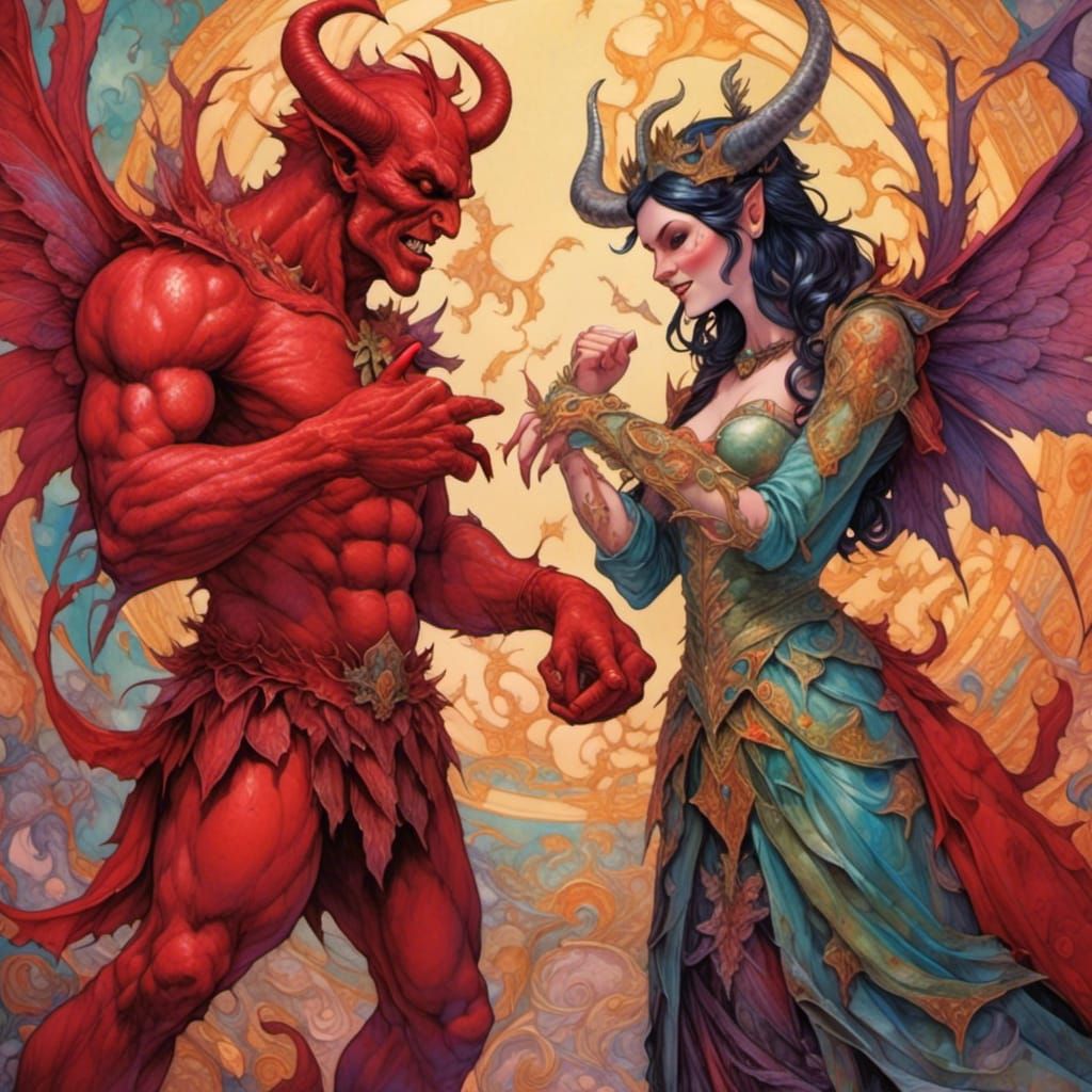 <lora:Dreamsea:1.0> Feisty fairy shaking her fist at a handsome red devil, having an argument. Facing off. Handsome devil arms crossed, thro...