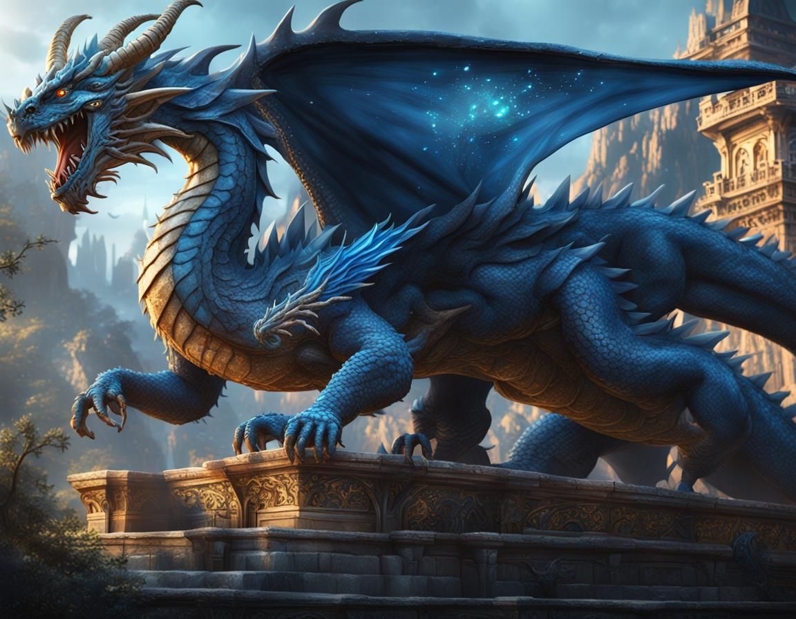 A blue dragon grabbing prince Charming. detailed matte paint...