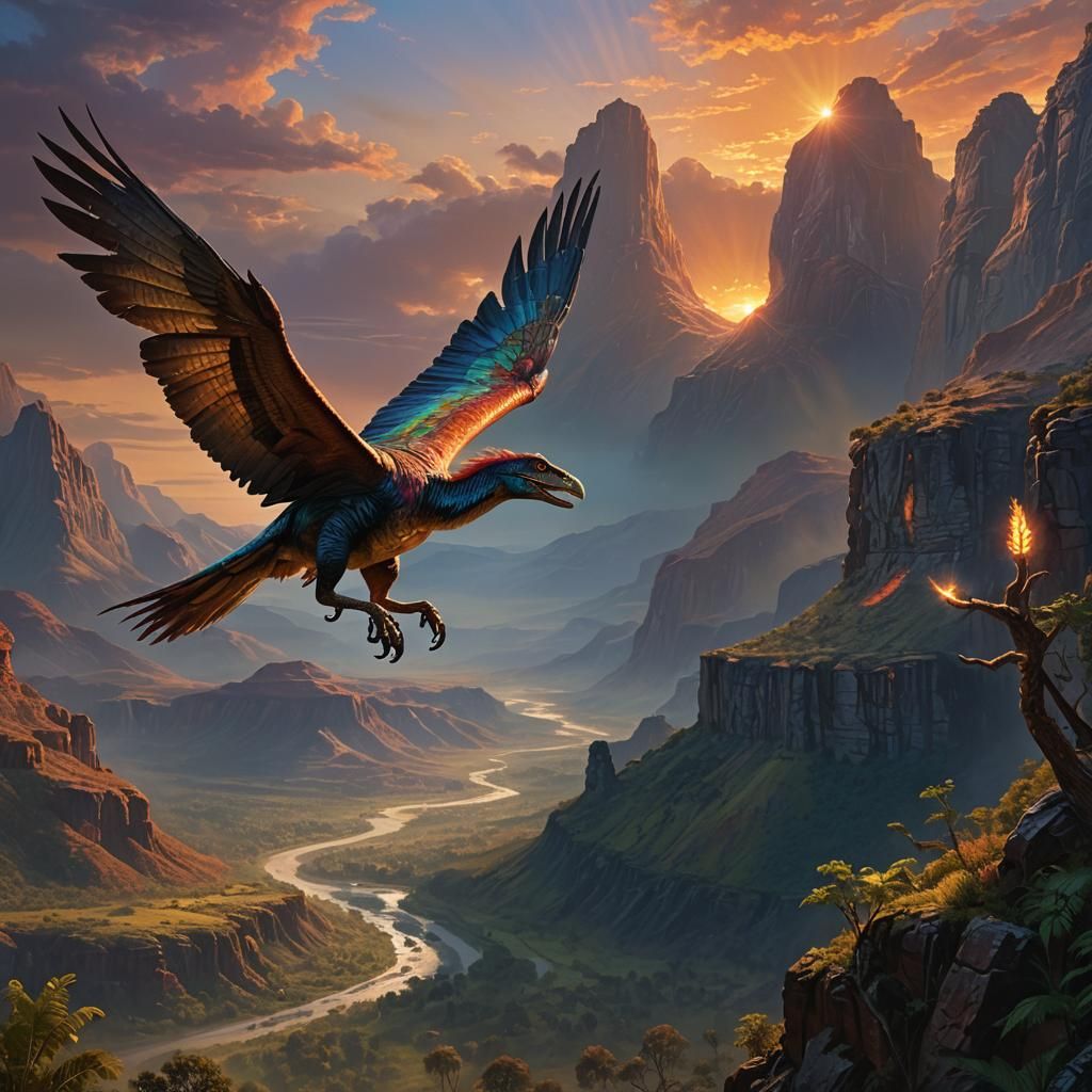 A feathered dinosaur flying over a prehistoric valley  by @Daleone