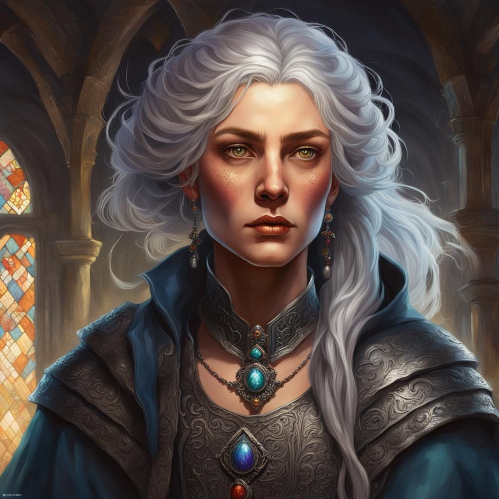 innkeeper, female, 30 years old, French, medieval, silver hair, dark fantasy, large innkeeper