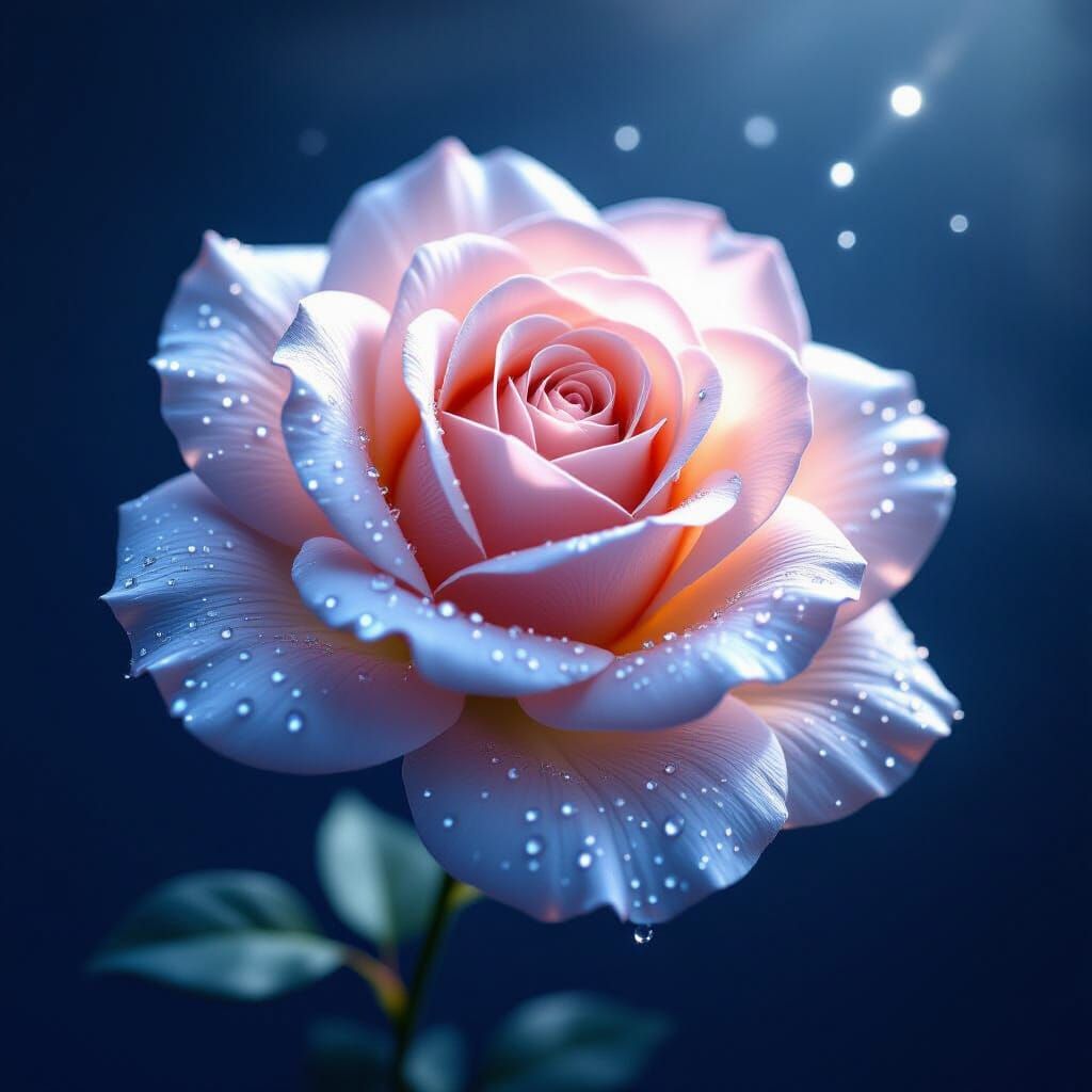 A delicate, ethereal rose sculpted from shimmering spider silk, dew drops clinging to its silken petals like tiny diamonds. It floats in a v...