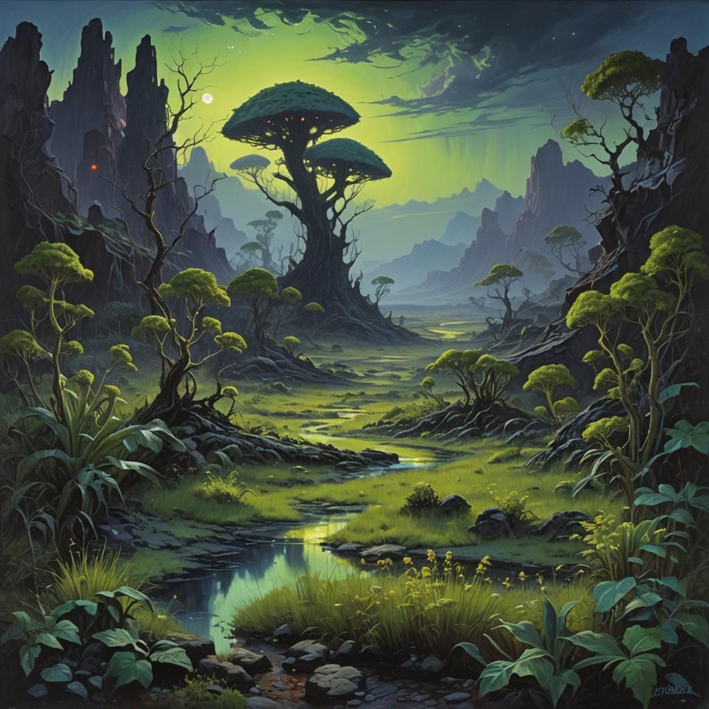 an alien landscape with luminescent vegetation casting an ee...