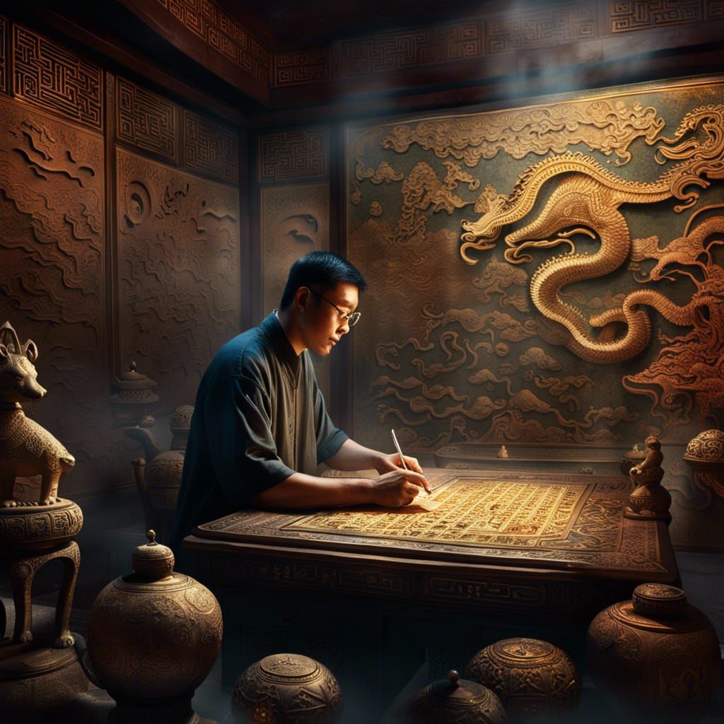 Mystical Chinese Scholar Studying Ancient Diagram