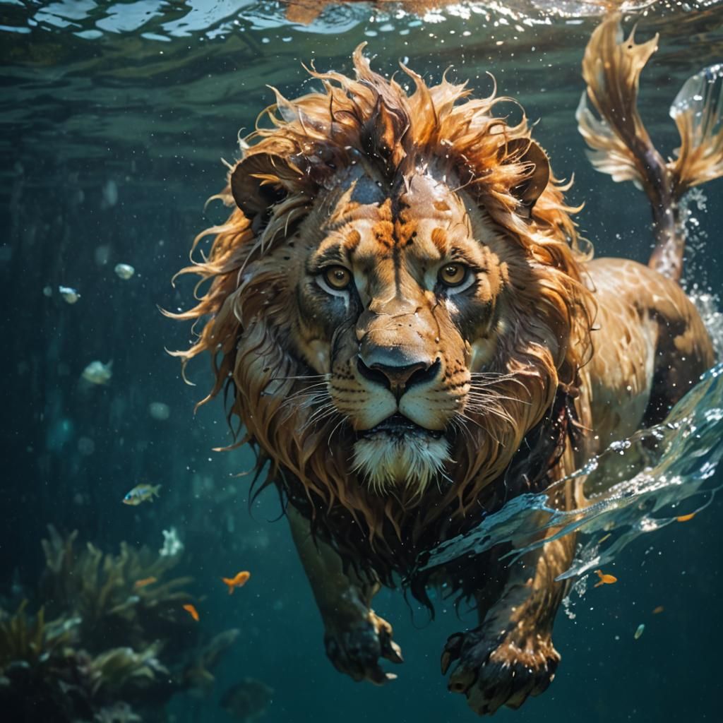 A fish with a lion head, swimming in the ocean, soft gentle movements ...