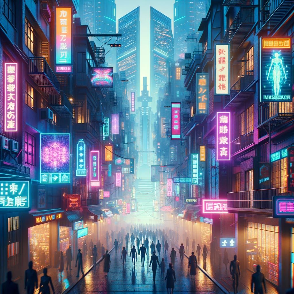 Cyberpunk city alley with neon lights