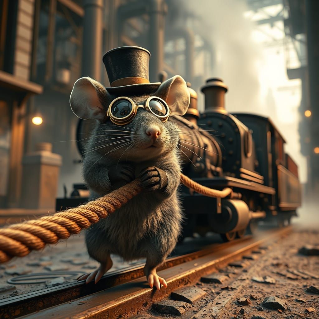 A steampunk mouse pulling a steam locomotive by a rope  by @Antonius Eisenklang