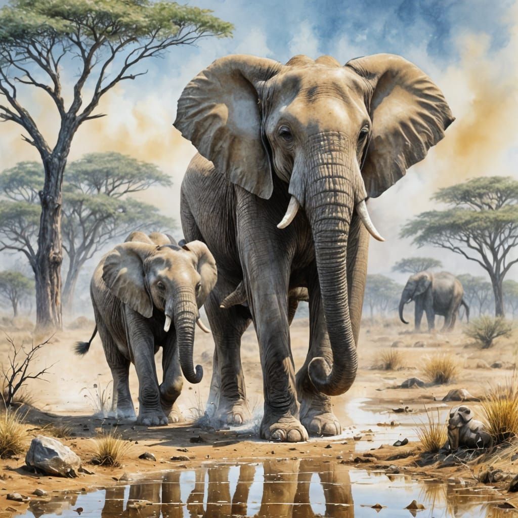 an African Elephant with baby elephant at her side  by @Brindle Chase