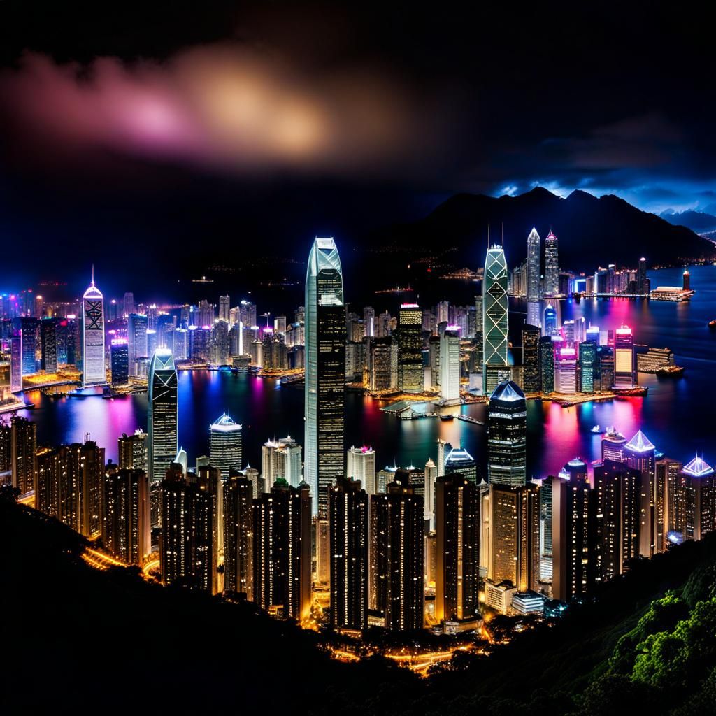 Night View Of Hong Kong In Victoria Harbour, Performing 