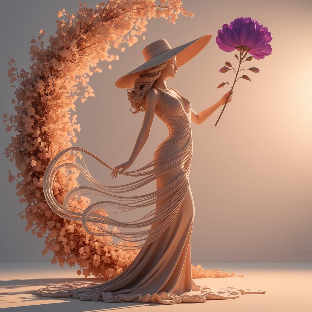 Graceful Female Figure in Flowing Lines with Purple Flower