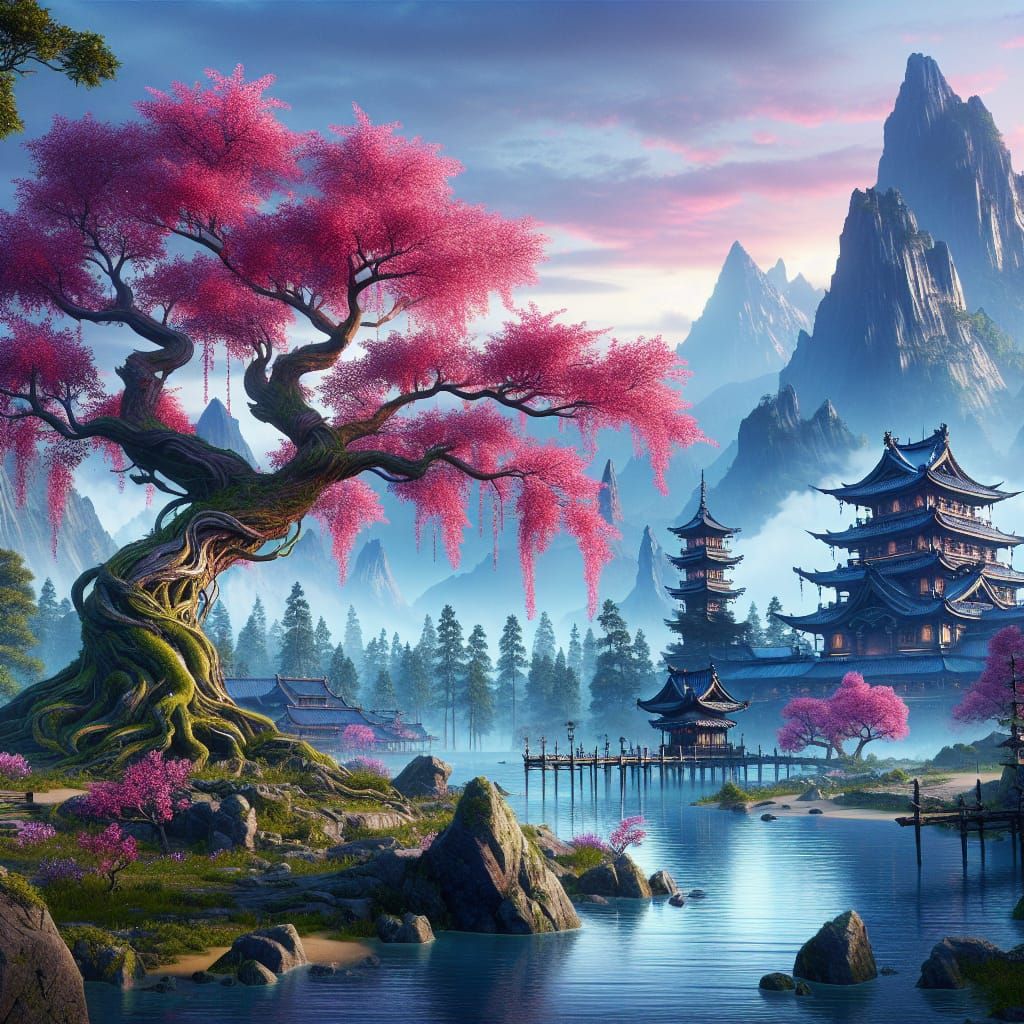 A beautiful ancient sakura tree in front of a lake. Mountain...