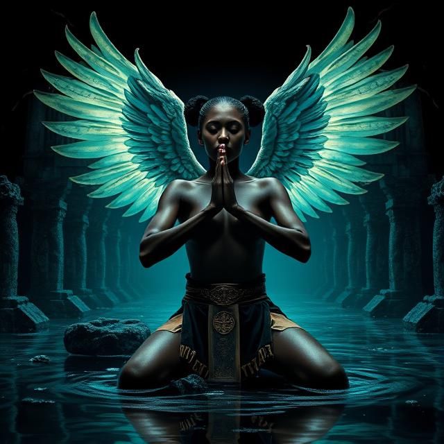 Black female Muay Thai fighter praying with wings on her back on a black background.