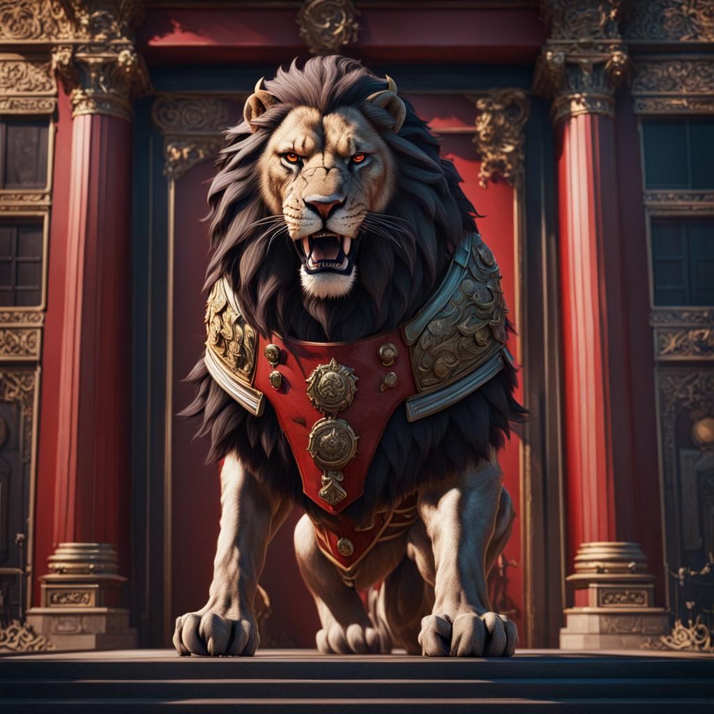 Red Roaring Lion standing in front of a recording studio dressed as a ...