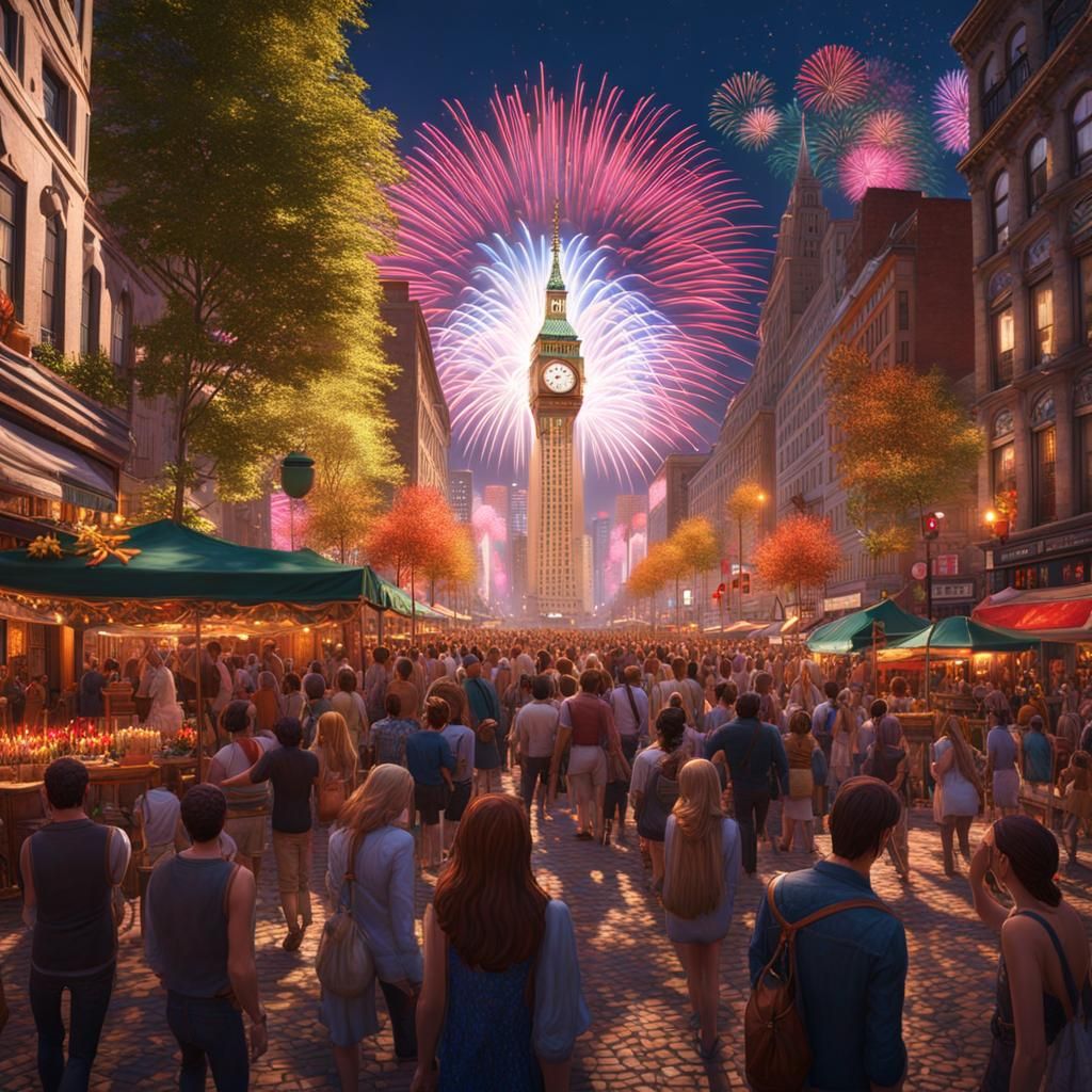 nyc town square, ball dropping:;fireworks::confetti ::clock::champagne::intensely realistic, intensely ...  by @Dark Angel