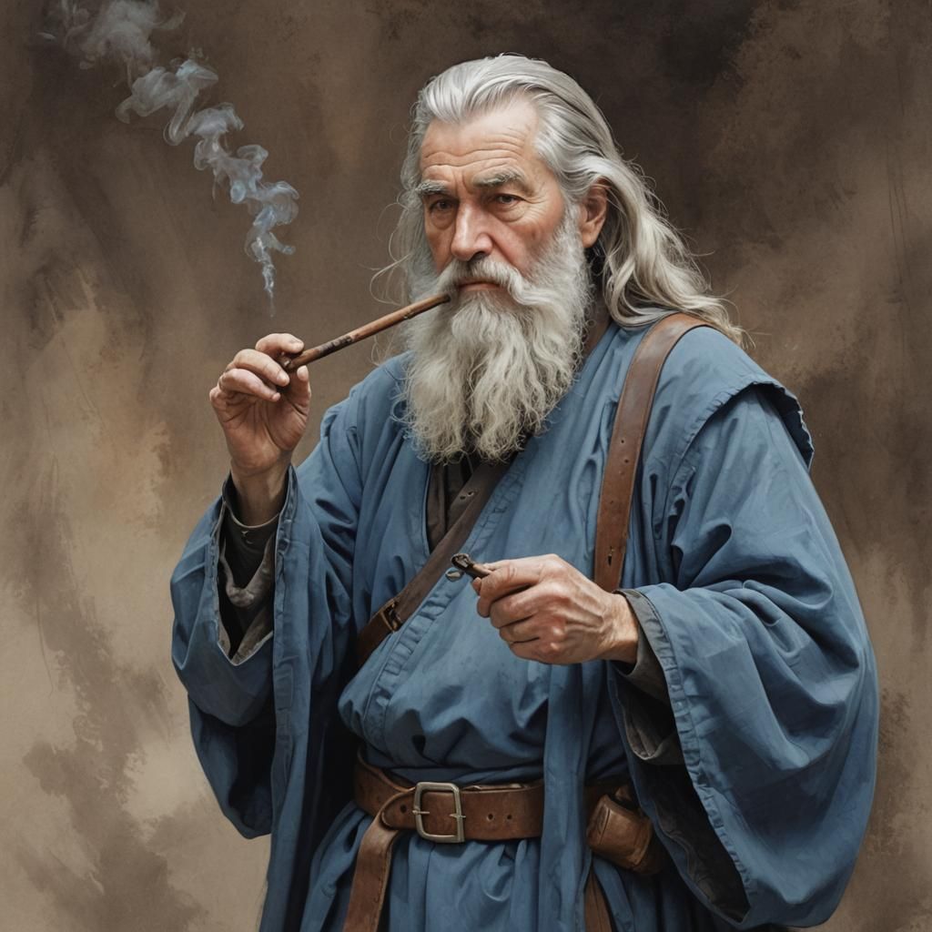 An elderly bearded man in blue attire is depicted in a digit...