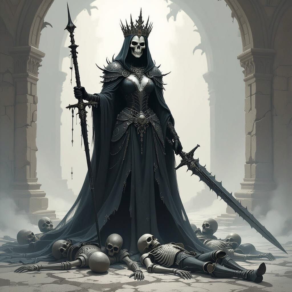 Lich Queen Alisha towering 8 meters. He is holding bone spear and his skeleton guards are defending her