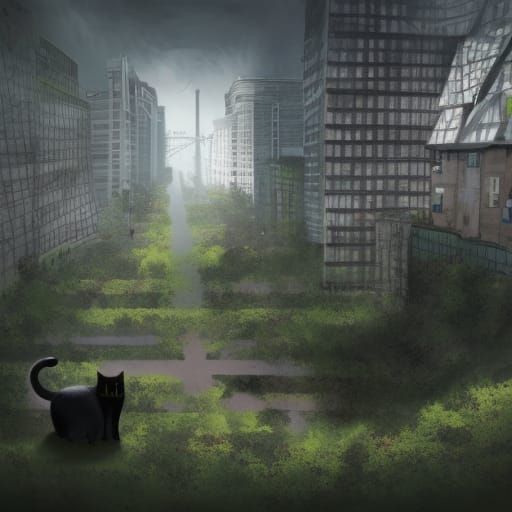 overgrown city destroyed cat