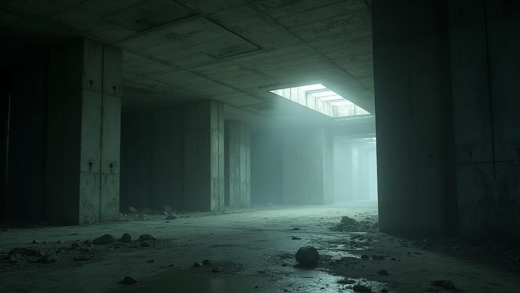 Create a futuristic, space-inspired ambient soundtrack with drone elements, designed for the interior of a brutalist, futuristic space struc...