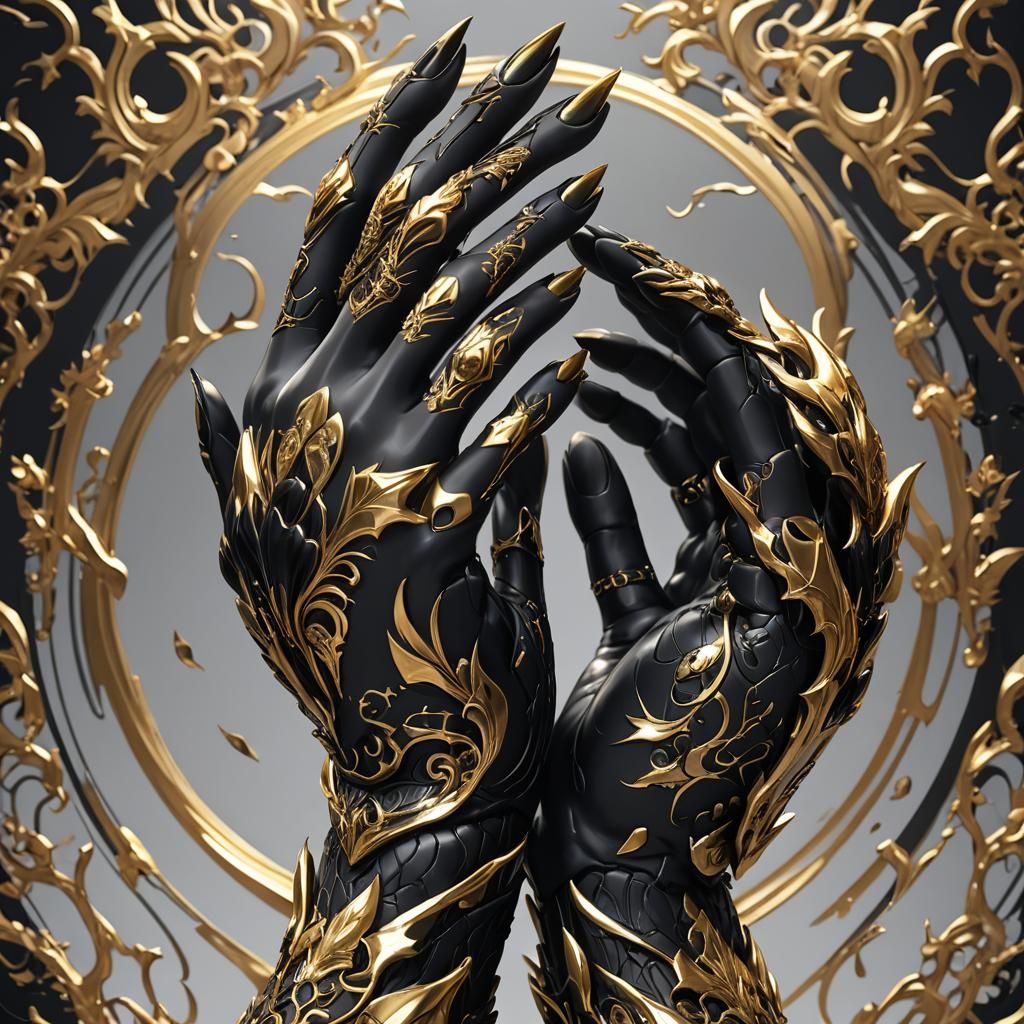 hands transformed into a black claw with golden patterns.