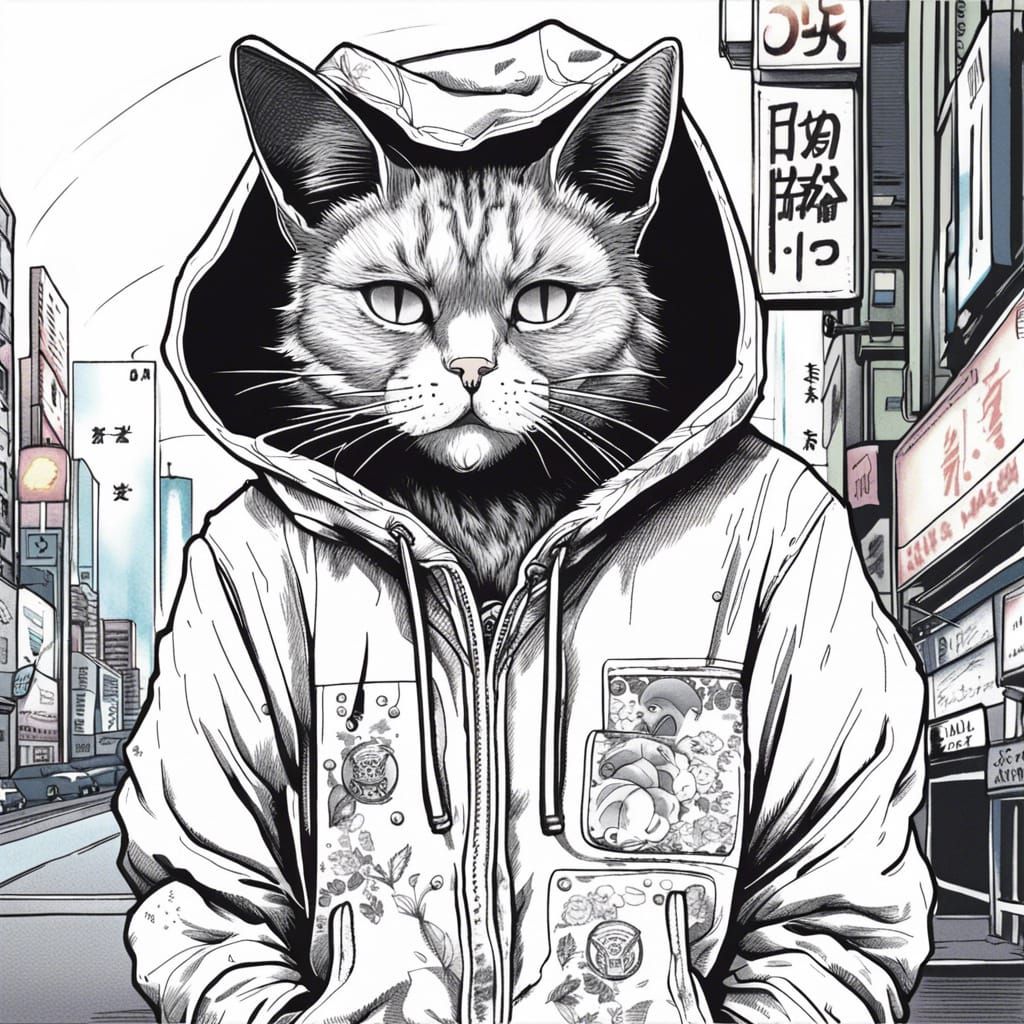 cat wearing hoodie,in the style of 80's vintage anime,retro,...