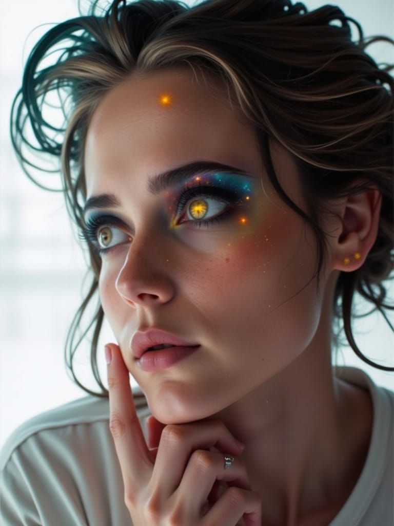 <lora:Abstract Reality:1.0> <lora:Akimora:1.0> Portrait where the model breaks off into a serene cosmic backdrop full of galaxies, planets, ...