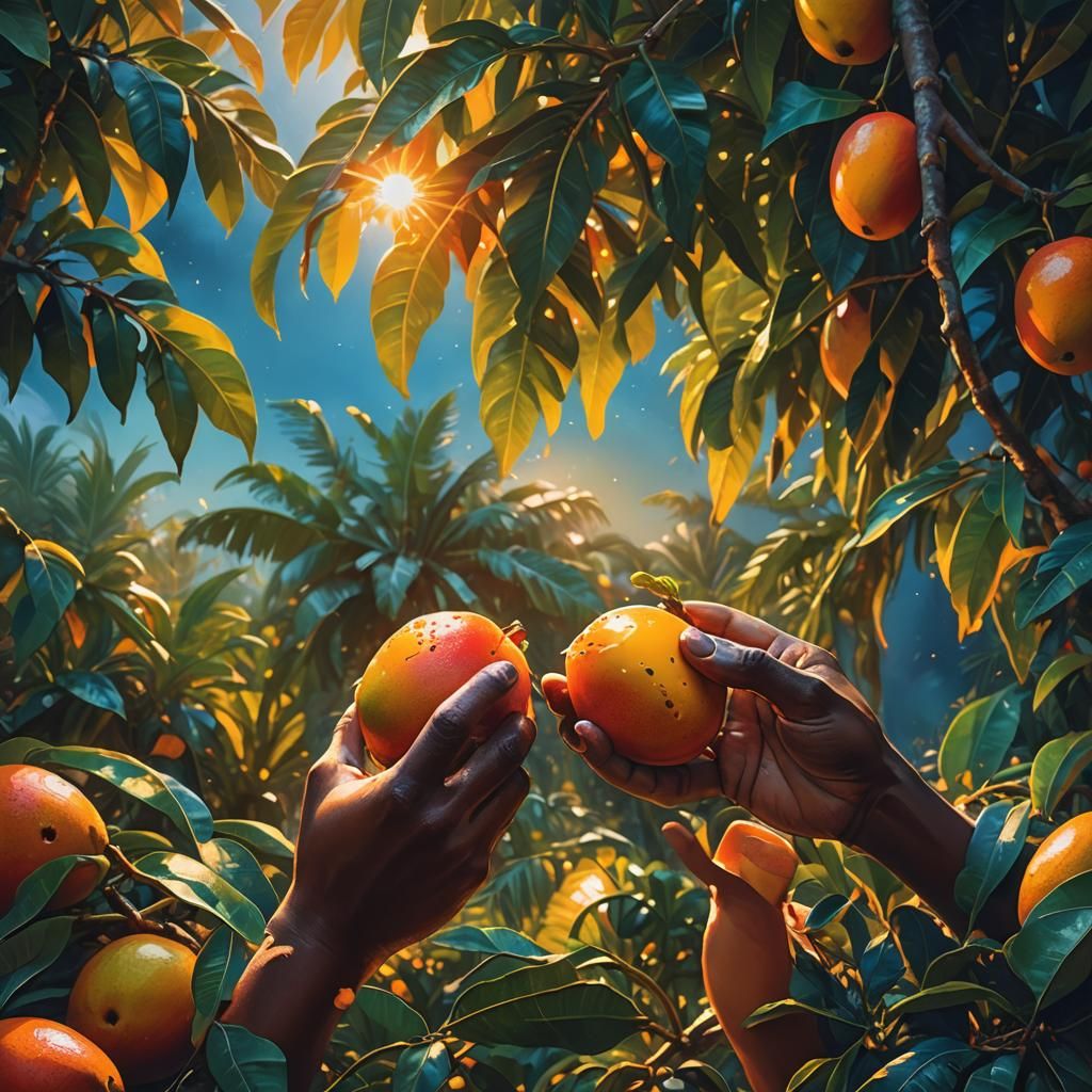 Person Eating Mango: Vibrant Oil Painting