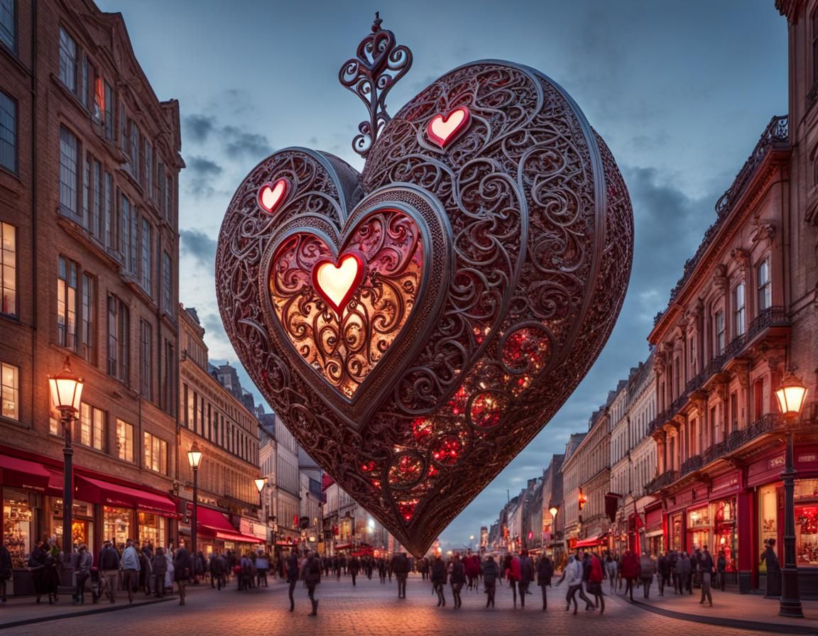 3d Hearts, (a giant heart in iron filigree:1.5), with red light inside, right in the center of town, ...  by @Lennis