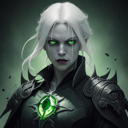 White haired green eyed female vampire with green background...