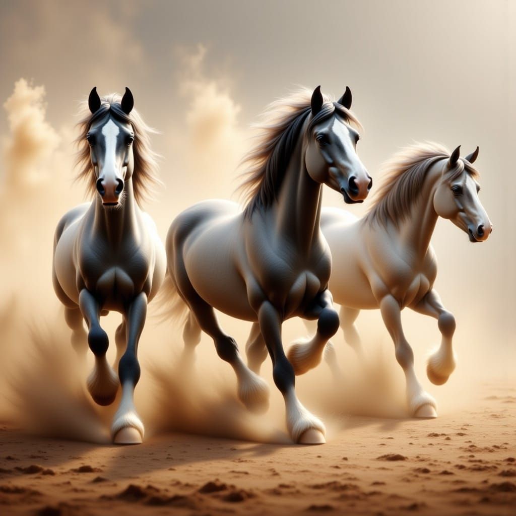 3 wild grey horses galloping off. dust rising, natural colours,8k Resolution, chalk textured Matte Painting <lora:Trio of Horses:1.0> 