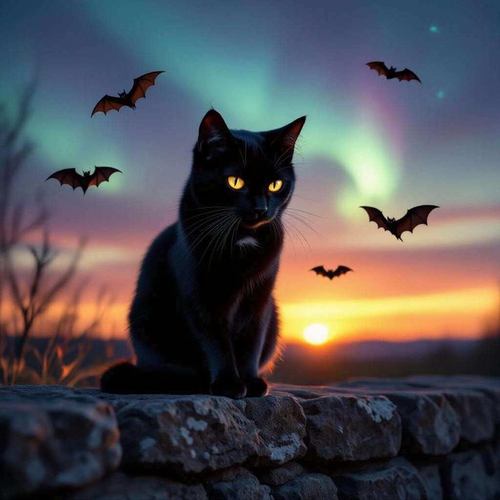 A black cat sits on a wall as it watches 