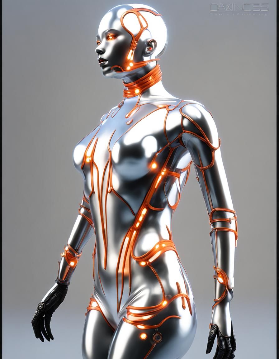 advanced  hybrid human female android glowing metalic orange...