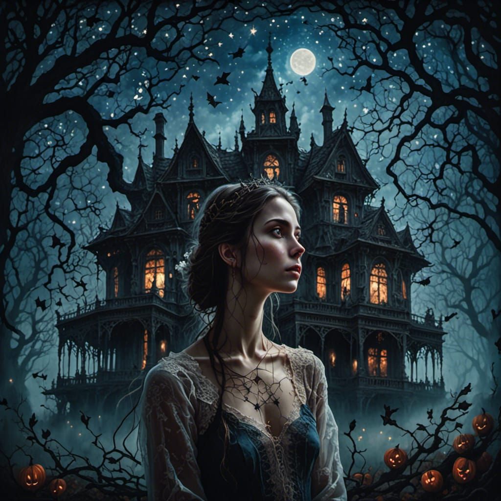 Portrait of a woman in a spooky house is in the background at night by Star  <lora:Ecaso SDXL:1.0> 