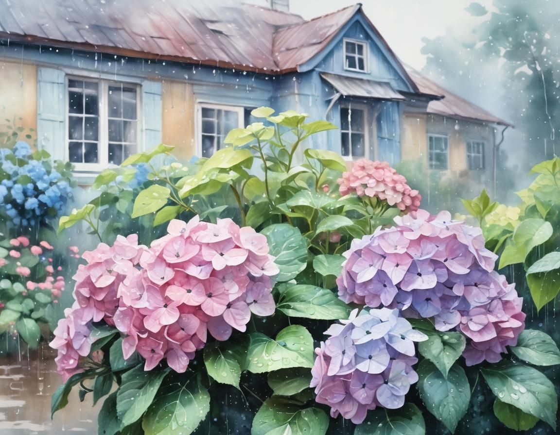 wet beautiful Hortensia in front of the house during summer ...