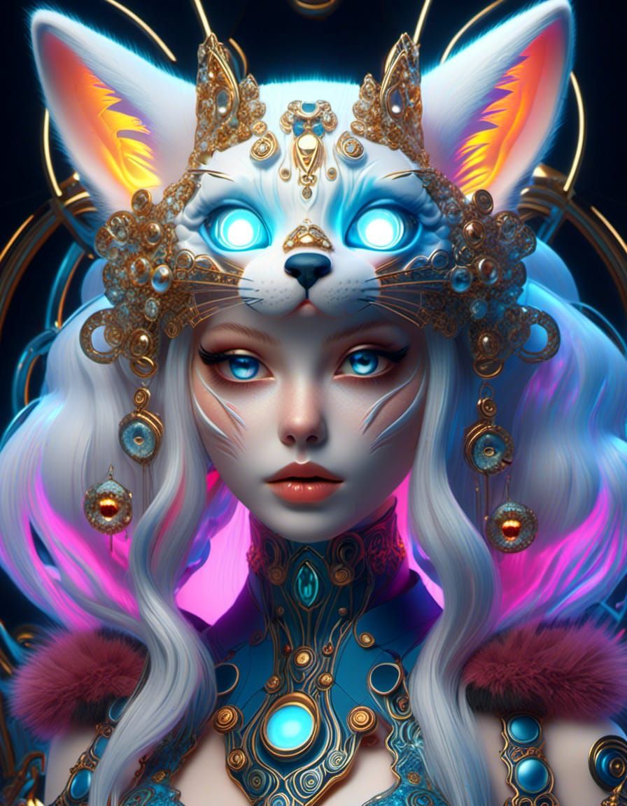 Kitsune cat eared Zombiecore girl, colour explosion 128k res...