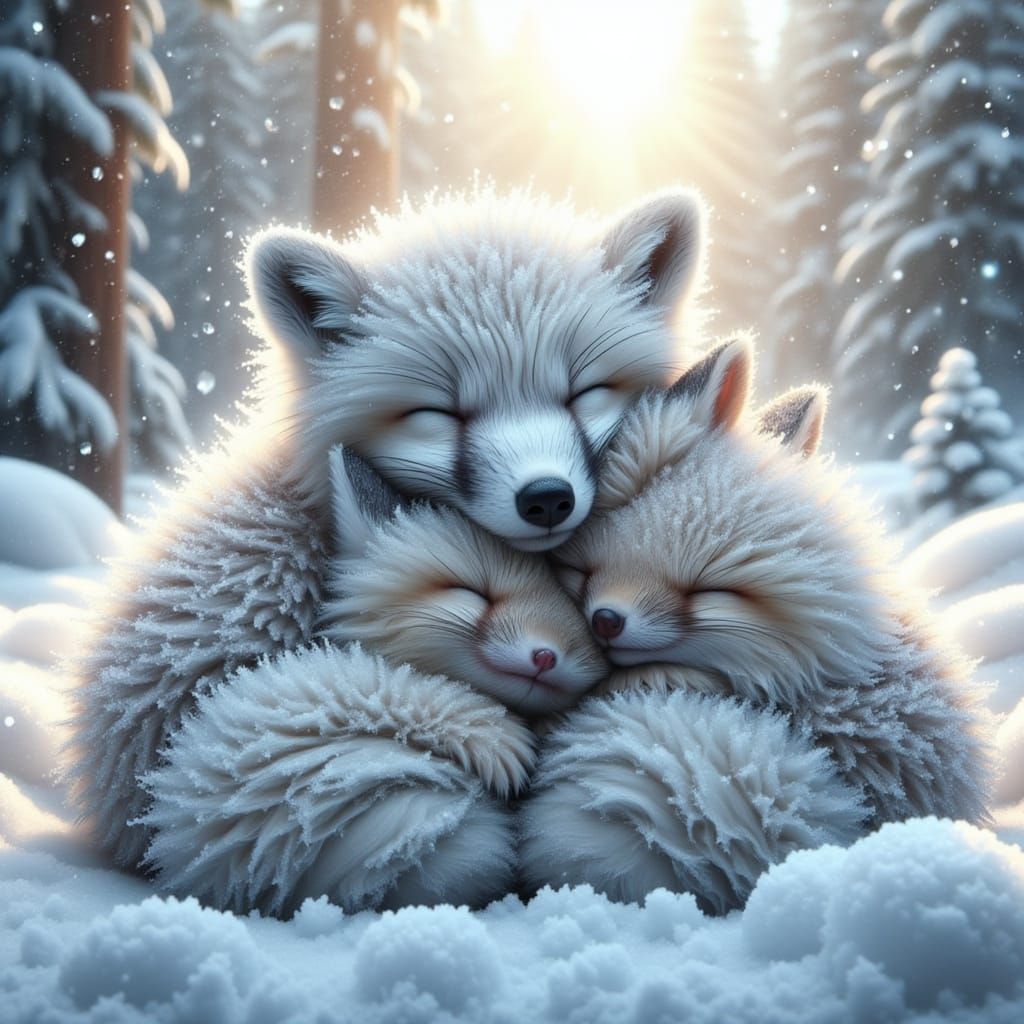 A beautiful baby animals cuddled up in the cold snow. wet snowy fur <lora:EffectsxUltraReal:1.0> 
