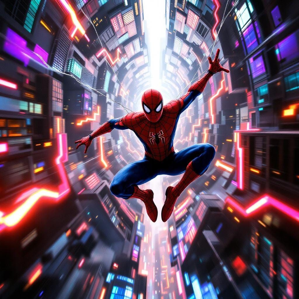     A dynamic, surreal scene of a multiversal incident featuring Spider-Man. The world is fracturing and folding in on itself like a living ...