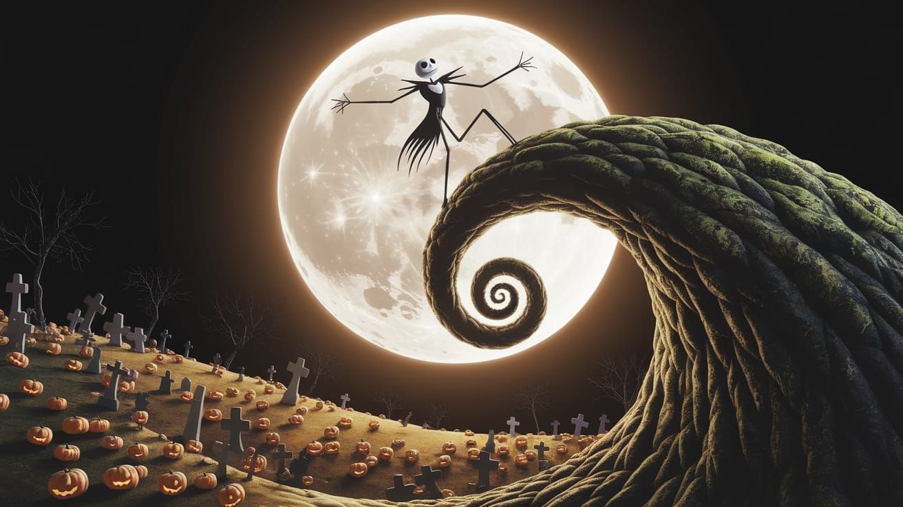 Tim Burton art of Jack Skellington standing on the spiral cliff edge, one bony arm stretched out in the air, singing with longing and sadnes...