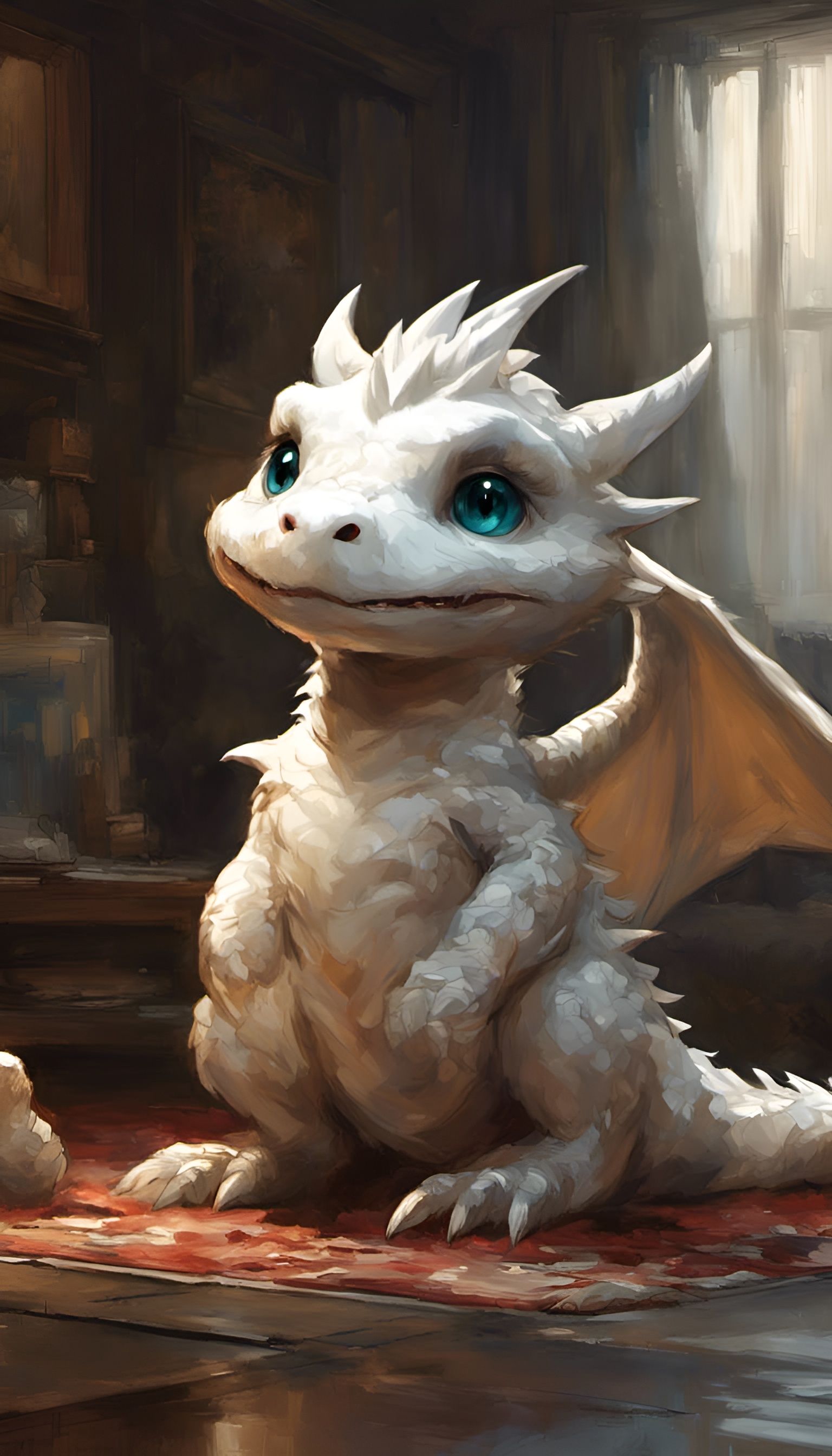 Adorable Furry White Dragon in Living Room, 3D Render