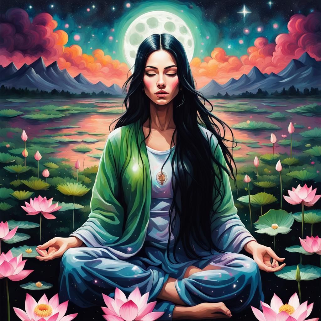 Mystical and gorgeous Woman with long black hair and green eyes meditating  in a field of lotus flowers under the full moon with stars, spark... :  r/nightcafe