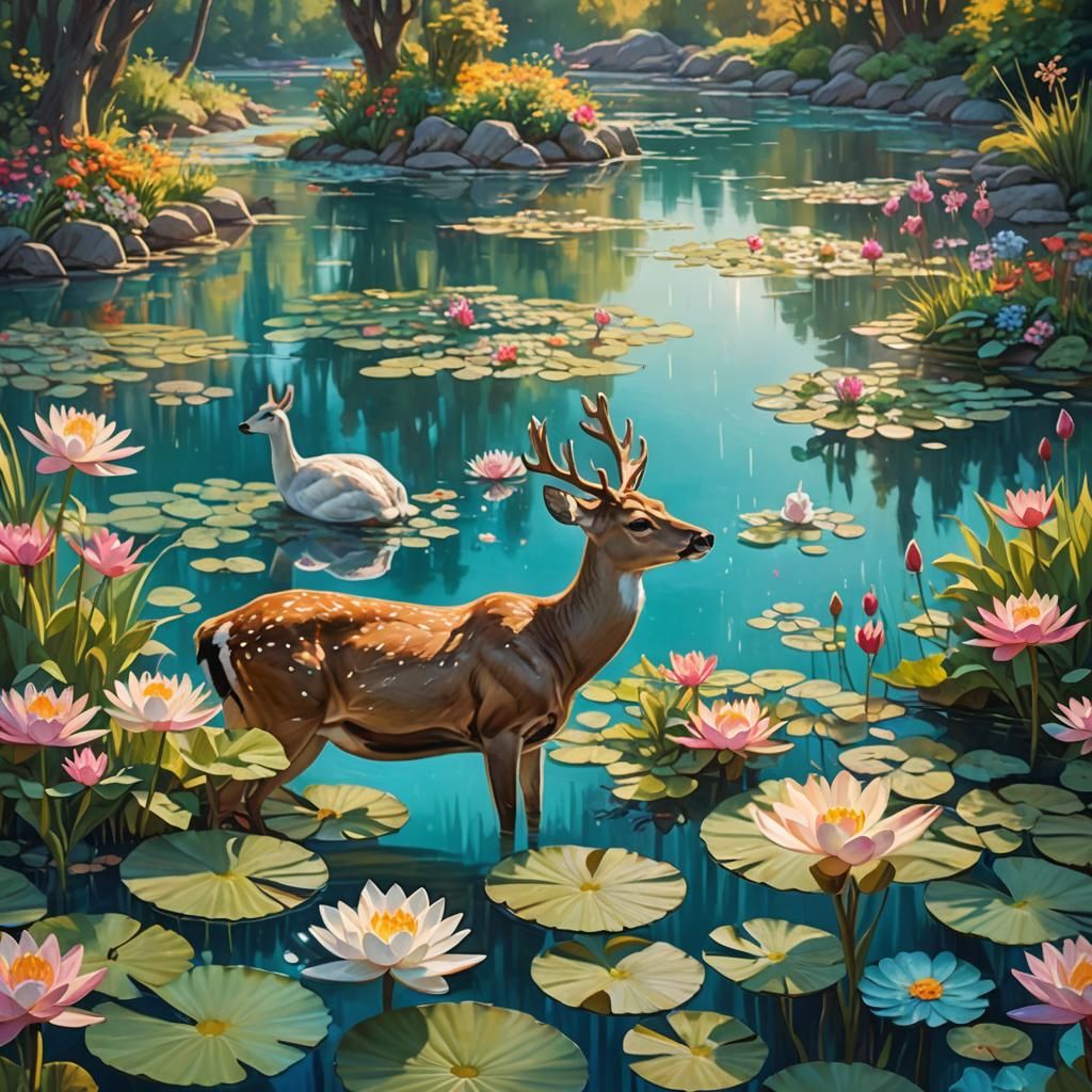 Tranquil Deer and Swans in Sunlit Waters