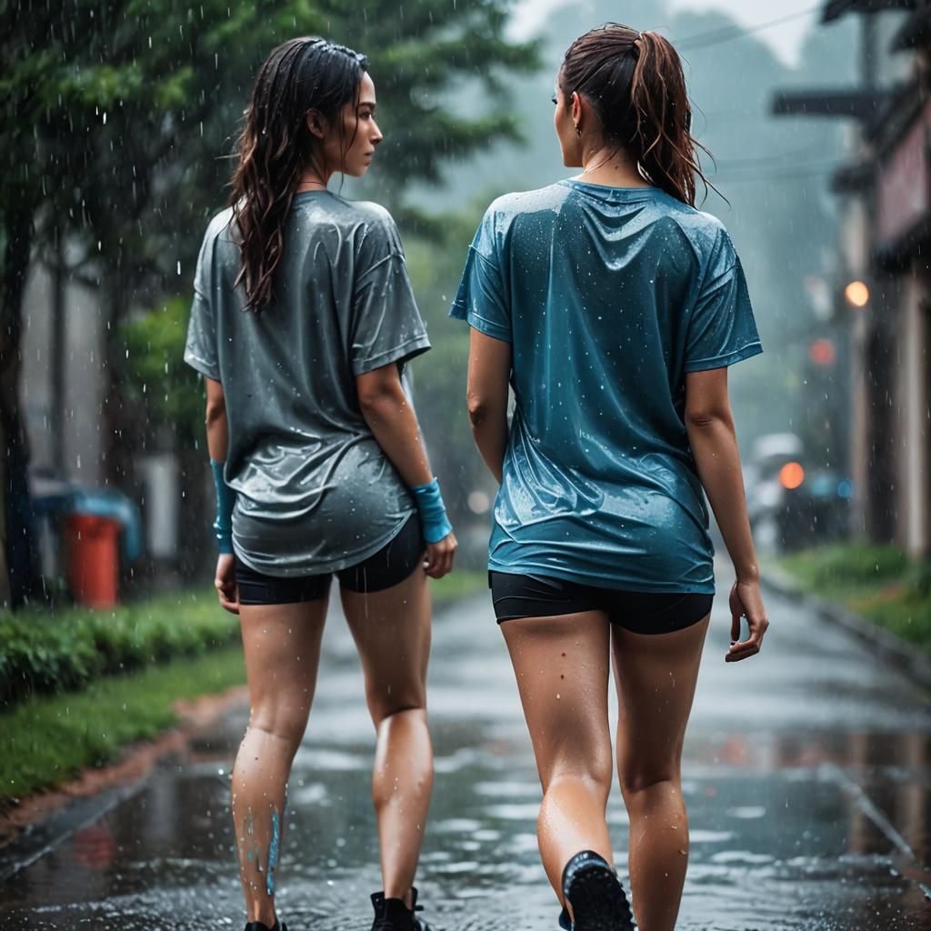 Wet girl, wet short leggings, tight short leggings, wet t-shirt, oversized t-shirt, bright solid colored t-shirt, view from behind, big feat...