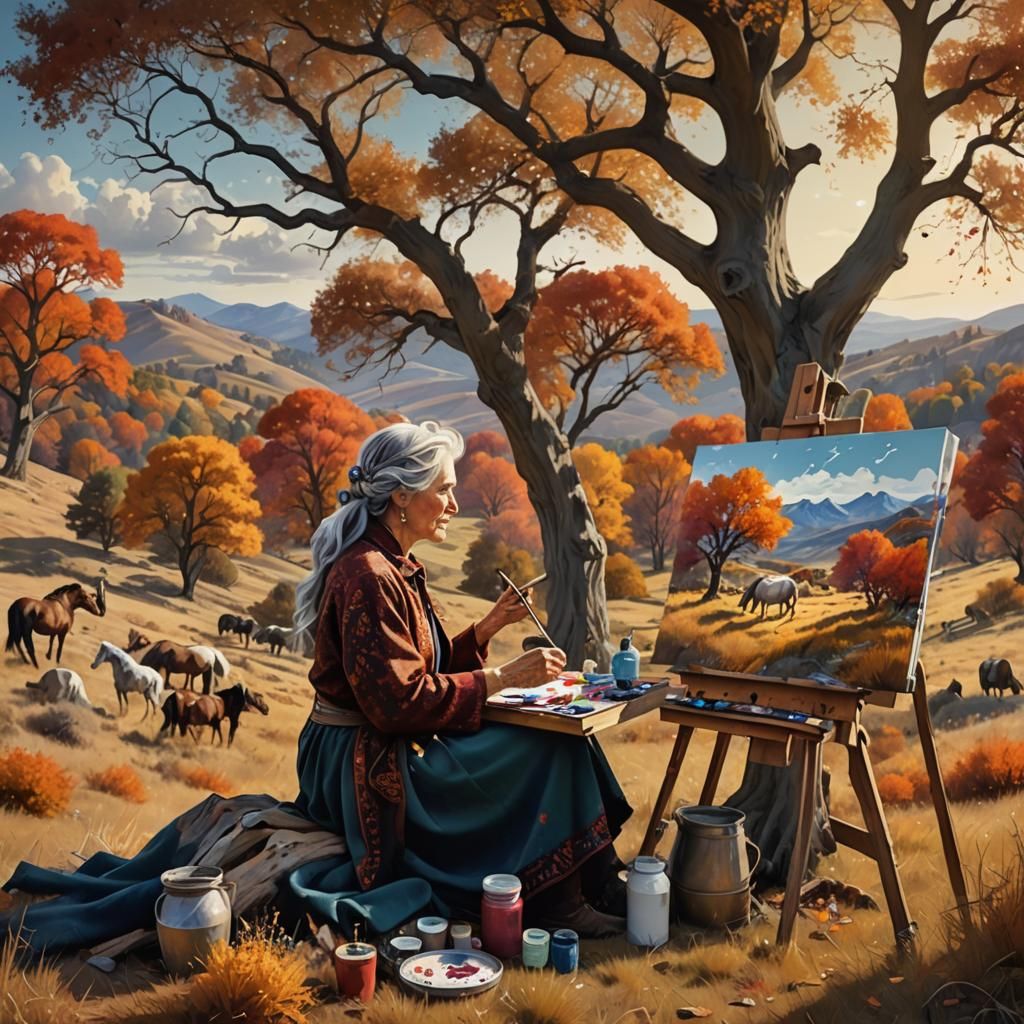 an older woman with salt and pepper hair and boho clothing sitting on a hill with her easel and paints ...  by @Kelly Triplett