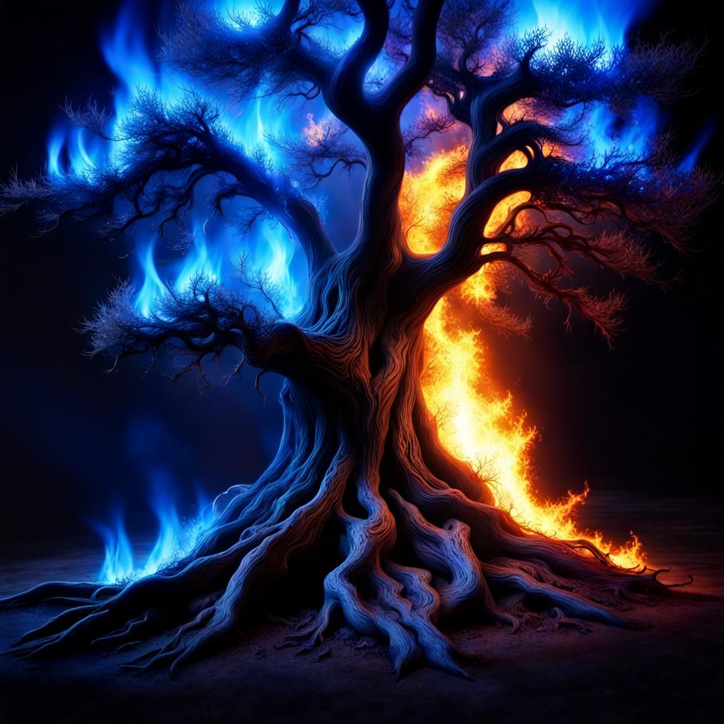 spectacular bright blue flames eating a tree in a dark area, lots of ...