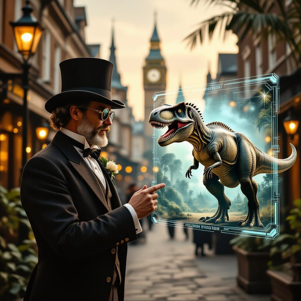 A Victorian-era gentleman wearing a top hat and monocle is interacting with a holographic dinosaur.  by @Suz